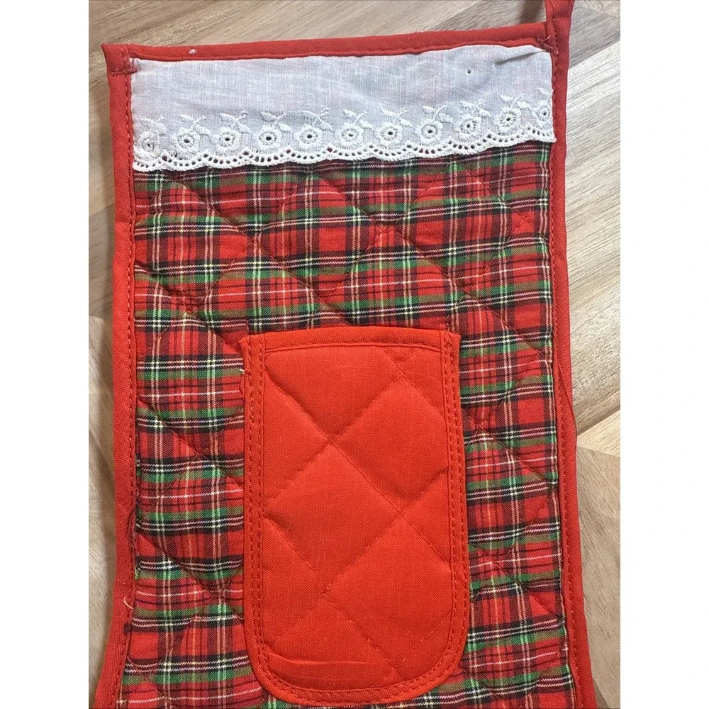 Vintage Quilted Stocking Plaid Lacey Cuff Pocket Grandma Cottage Core Scandi 14